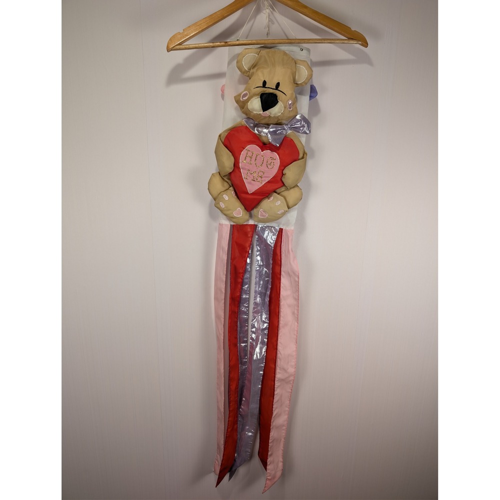 Vintage Valentines Day Teddy Bear Hug Me Heart Windsock Red Pink Silver Ribbon